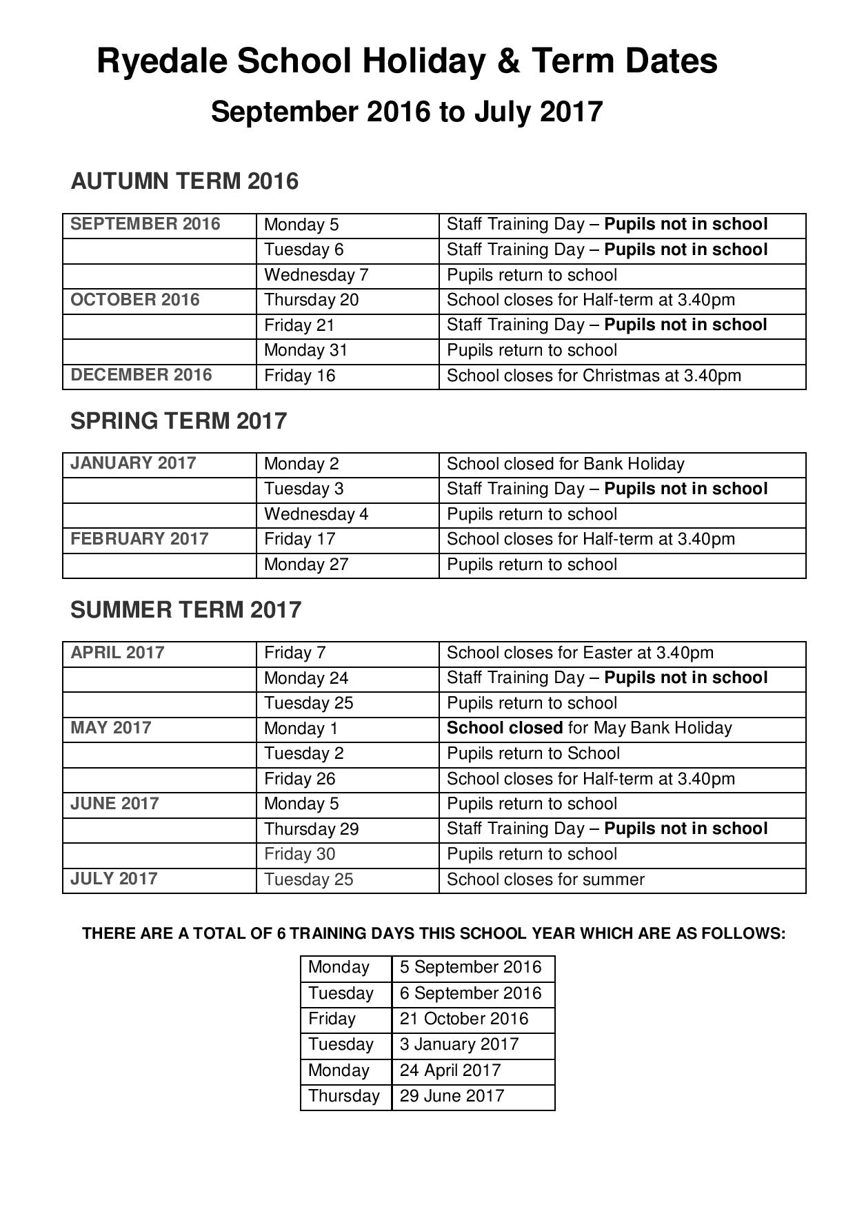 Term Dates Sept 2016-July 2017 